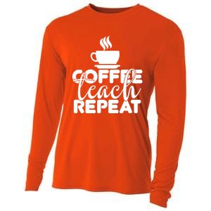 Funny Coffee Teach Repeat School Teacher Gift Cooling Performance Long Sleeve Crew