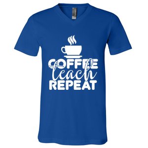 Funny Coffee Teach Repeat School Teacher Gift V-Neck T-Shirt