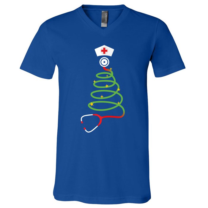 Funny Christmas Tree With Stethoscope Nurse Hospital Xmas Gift V-Neck T-Shirt