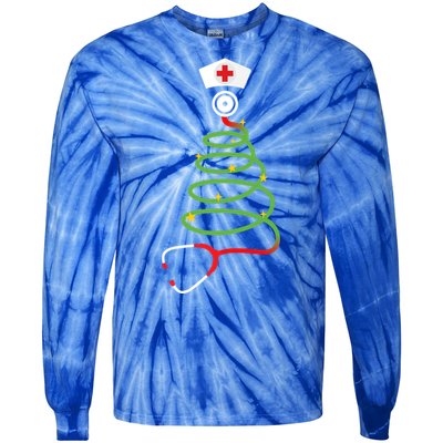 Funny Christmas Tree With Stethoscope Nurse Hospital Xmas Gift Tie-Dye Long Sleeve Shirt