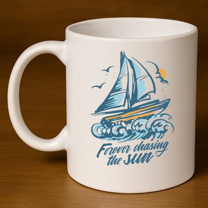 Forever Chasing The Sun Sail Boat 11oz C Handle Ceramic Mug