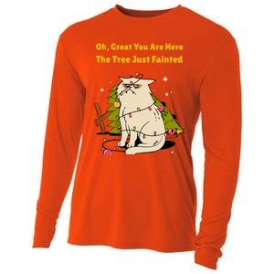 Funny Christmas Tree Knocked Over By Cat Meowy Christmas Gift Cooling Performance Long Sleeve Crew