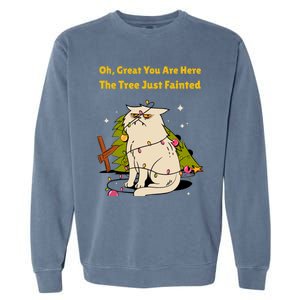 Funny Christmas Tree Knocked Over By Cat Meowy Christmas Gift Garment-Dyed Sweatshirt