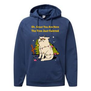 Funny Christmas Tree Knocked Over By Cat Meowy Christmas Gift Performance Fleece Hoodie