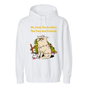 Funny Christmas Tree Knocked Over By Cat Meowy Christmas Gift Garment-Dyed Fleece Hoodie