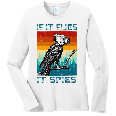 Funny Conspiracy Theory If It Flies It S.P.I.E.S Pigeon Bird Ladies Long Sleeve Shirt
