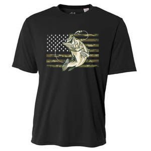 Fishing Camouflage Us American Flag Bass Fish Fisherman Camo Cooling Performance Crew T-Shirt