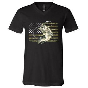 Fishing Camouflage Us American Flag Bass Fish Fisherman Camo V-Neck T-Shirt