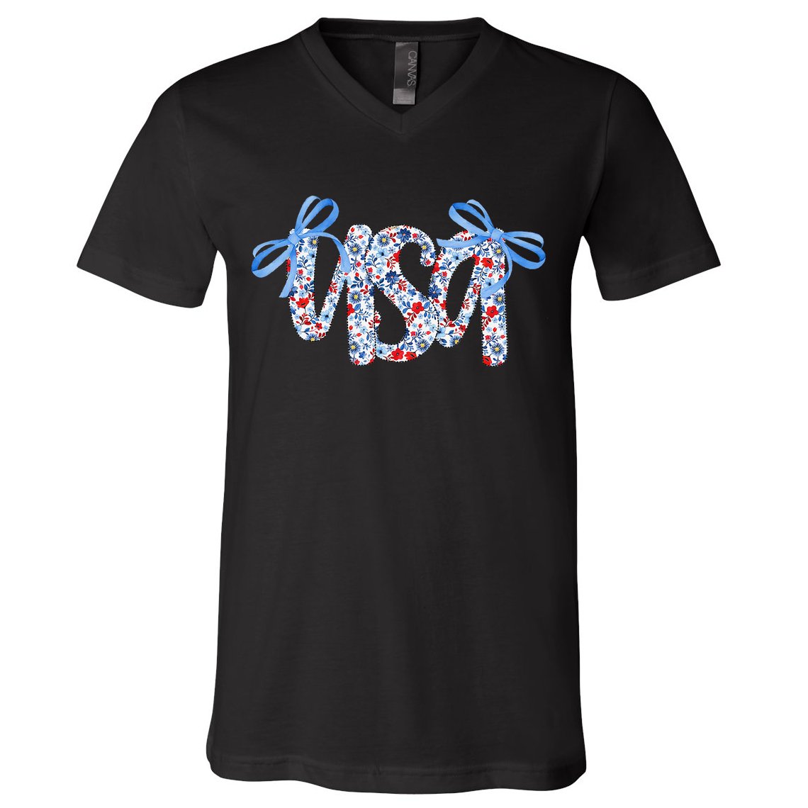 Floral Coquette USA America 4th Of July Independence Day V-Neck T-Shirt