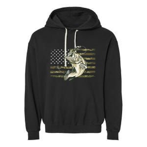 Fishing Camouflage Us American Flag Bass Fish Fisherman Camo Garment-Dyed Fleece Hoodie