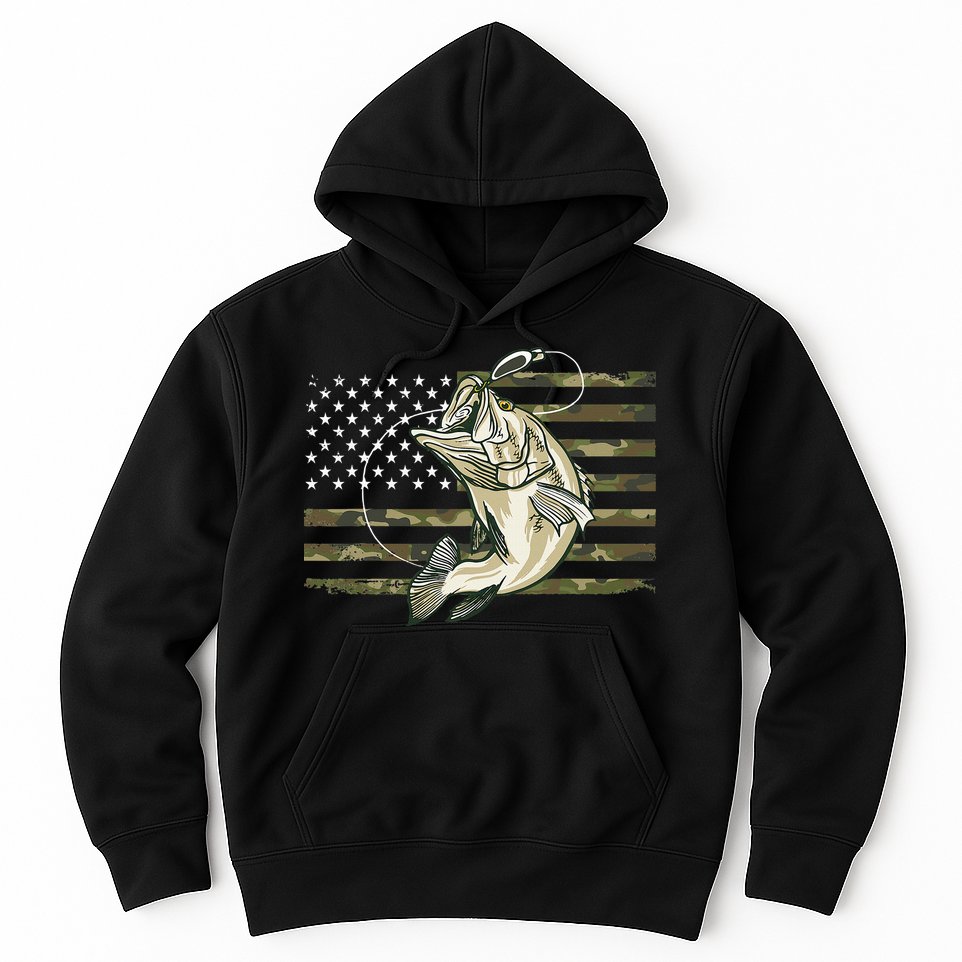 Fishing Camouflage Us American Flag Bass Fish Fisherman Camo Hoodie