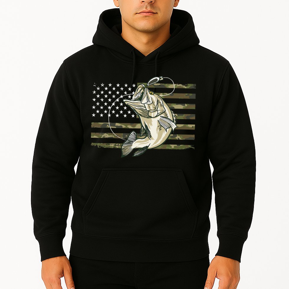 Fishing Camouflage Us American Flag Bass Fish Fisherman Camo Hoodie