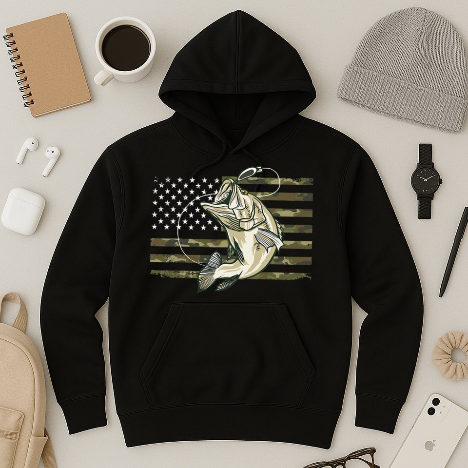Fishing Camouflage Us American Flag Bass Fish Fisherman Camo Hoodie