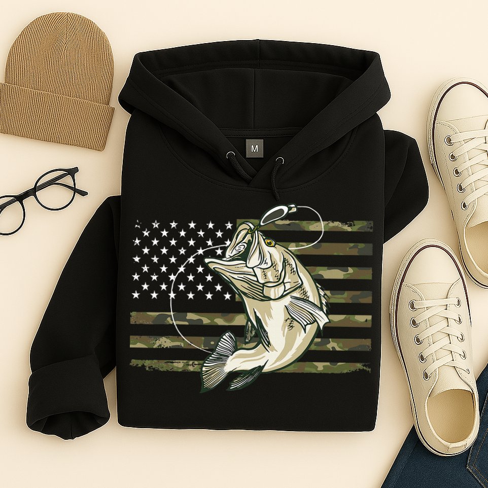 Fishing Camouflage Us American Flag Bass Fish Fisherman Camo Hoodie