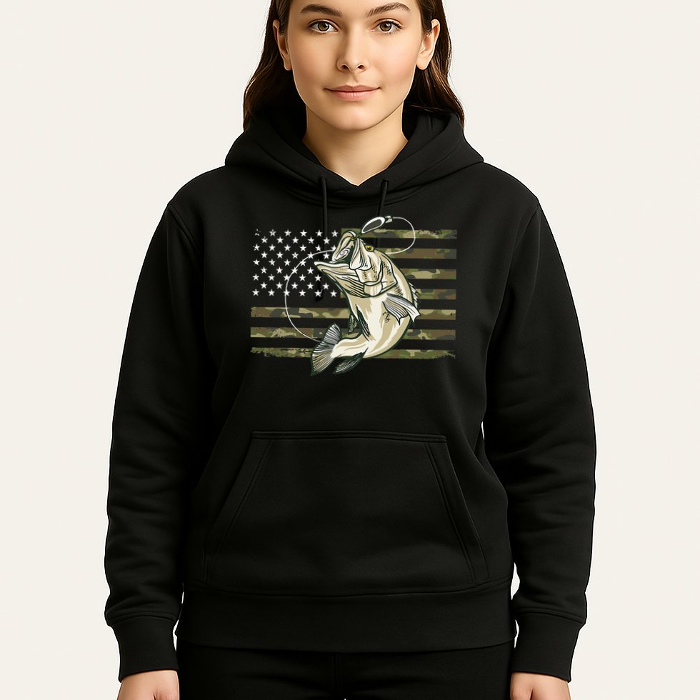 Fishing Camouflage Us American Flag Bass Fish Fisherman Camo Hoodie