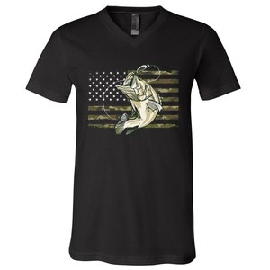 Fishing Camouflage Us American Flag Bass Fish Fisherman Camo V-Neck T-Shirt