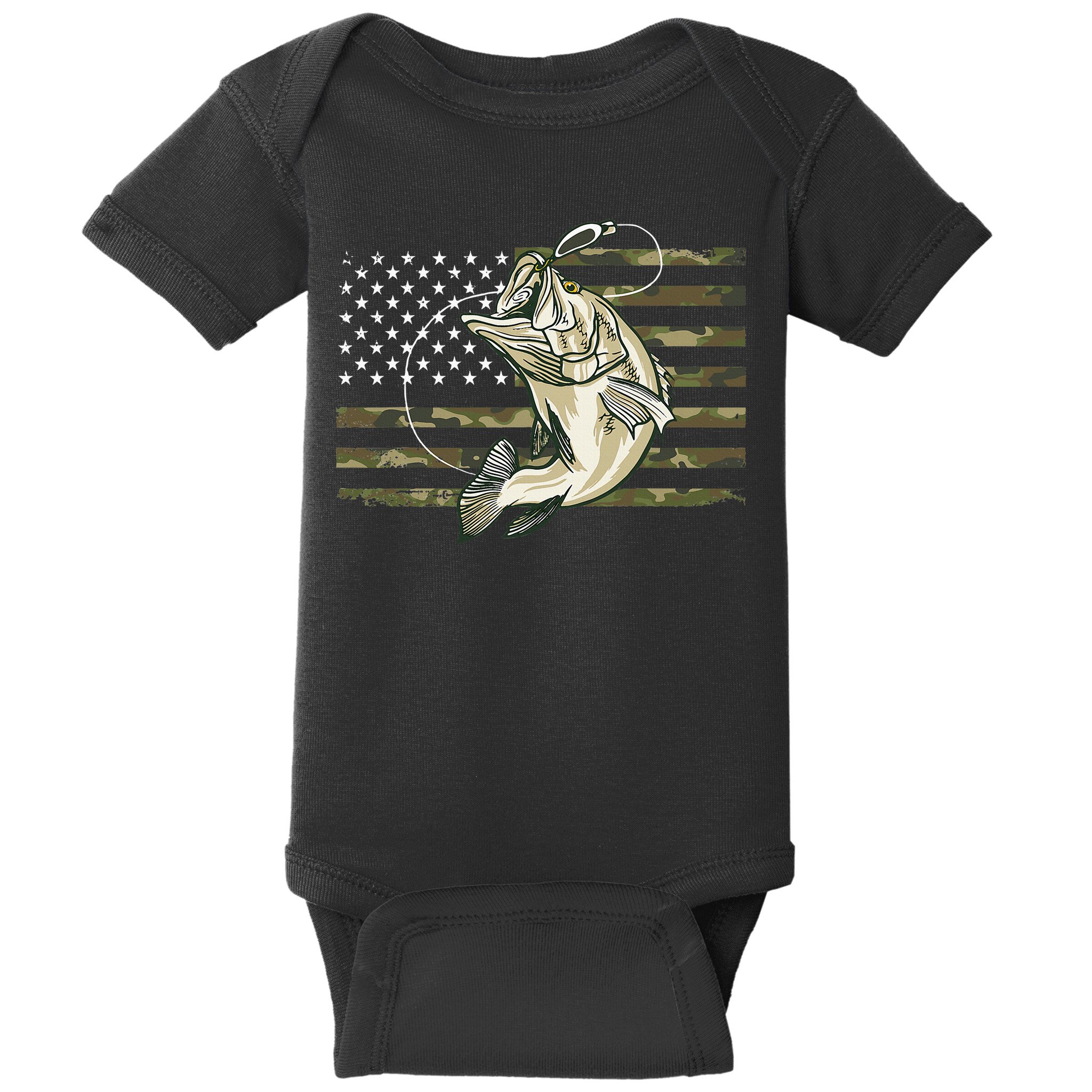 Fishing Camouflage Us American Flag Bass Fish Fisherman Camo Baby Bodysuit
