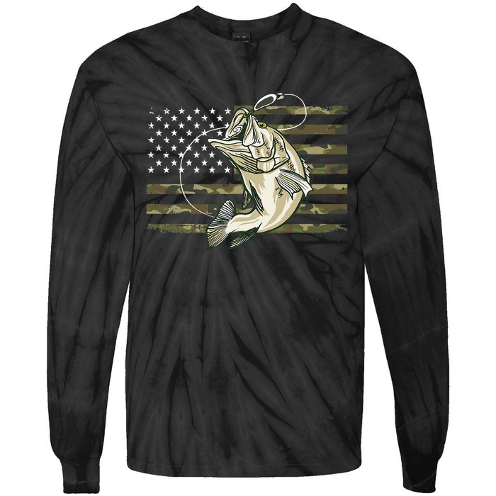 Fishing Camouflage Us American Flag Bass Fish Fisherman Camo Tie-Dye Long Sleeve Shirt