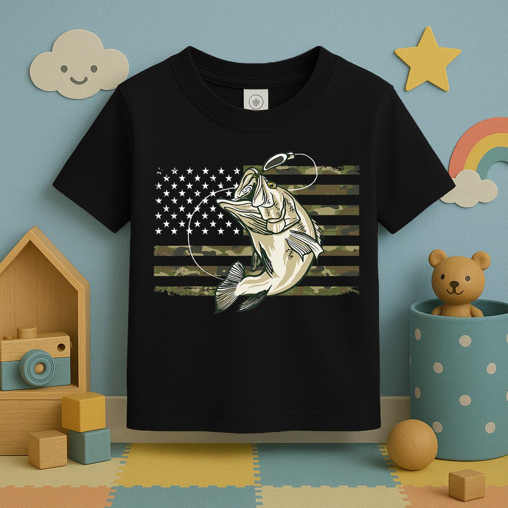 Fishing Camouflage Us American Flag Bass Fish Fisherman Camo Toddler T-Shirt
