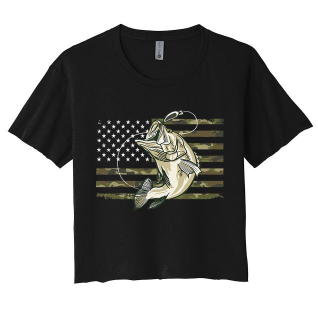 Fishing Camouflage Us American Flag Bass Fish Fisherman Camo Crop Top