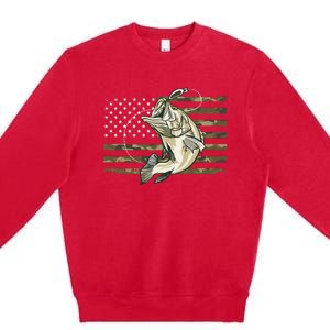 Fishing Camouflage Us American Flag Bass Fish Fisherman Camo Premium Crewneck Sweatshirt