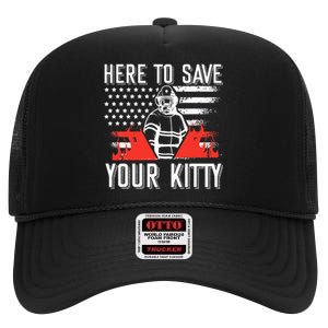 Firefighter Cat Usa American Flag Here To Save Your Kitty High Crown Mesh Back Trucker Hat