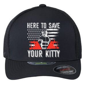 Firefighter Cat Usa American Flag Here To Save Your Kitty Flexfit Unipanel Trucker Cap