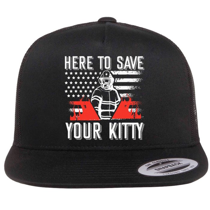 Firefighter Cat Usa American Flag Here To Save Your Kitty Flat Bill Trucker Hat