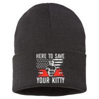 Firefighter Cat Usa American Flag Here To Save Your Kitty Sustainable Knit Beanie