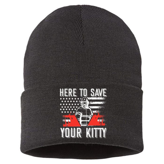 Firefighter Cat Usa American Flag Here To Save Your Kitty Sustainable Knit Beanie