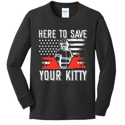 Firefighter Cat Usa American Flag Here To Save Your Kitty Kids Long Sleeve Shirt