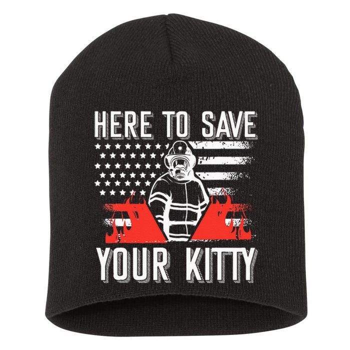 Firefighter Cat Usa American Flag Here To Save Your Kitty Short Acrylic Beanie