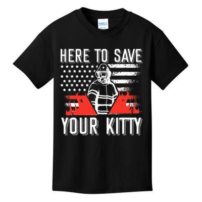 Firefighter Cat Usa American Flag Here To Save Your Kitty Kids T-Shirt