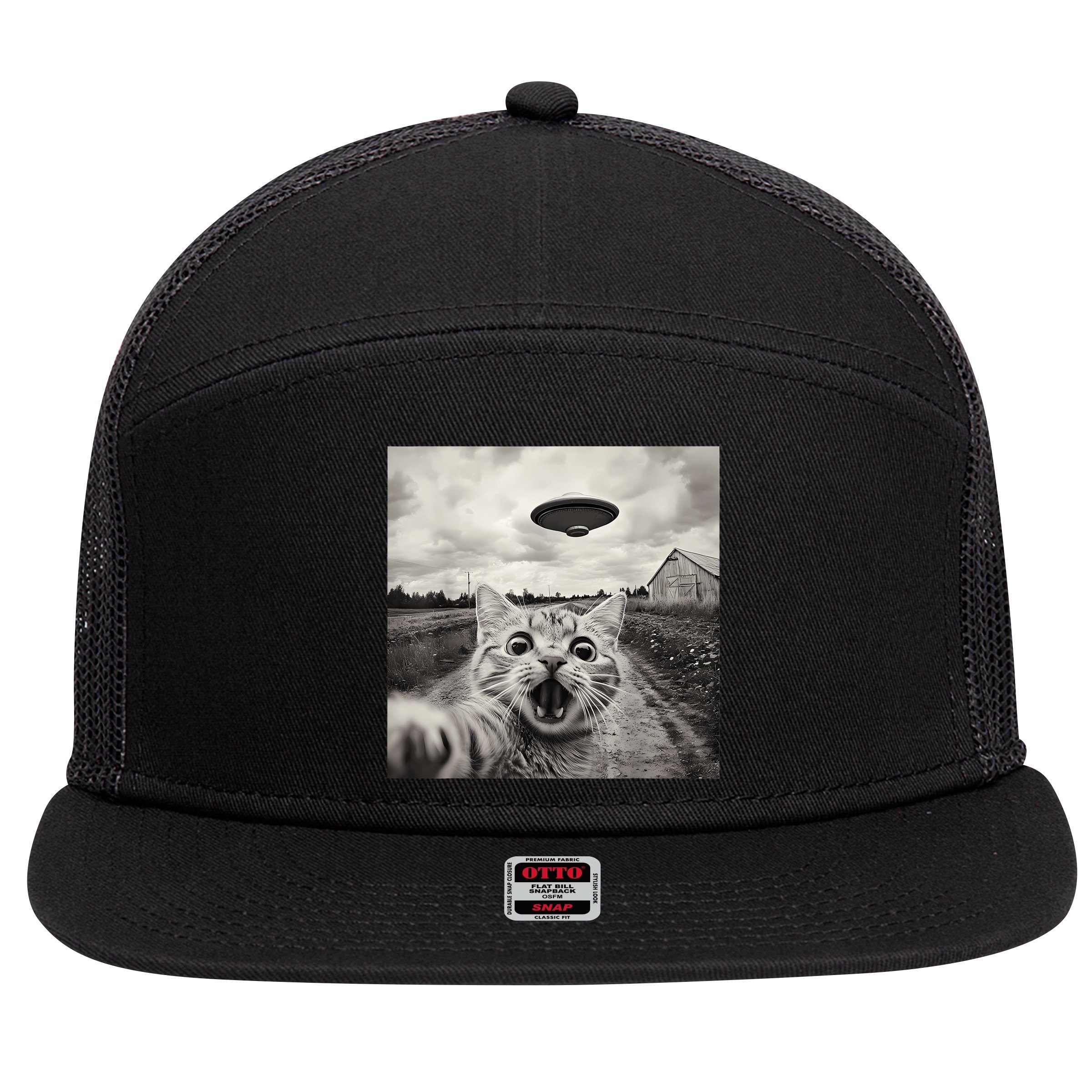 Funny Cat Ufo Alien Selfie 7 Panel Mesh Trucker Snapback Hat