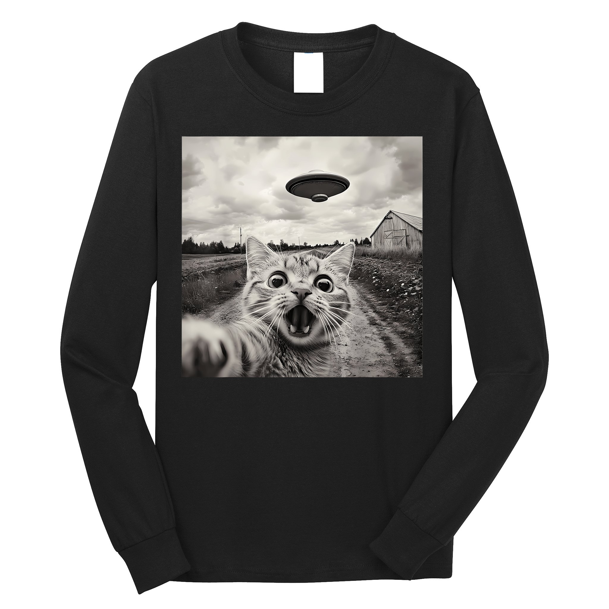 Funny Cat Ufo Alien Selfie Long Sleeve Shirt