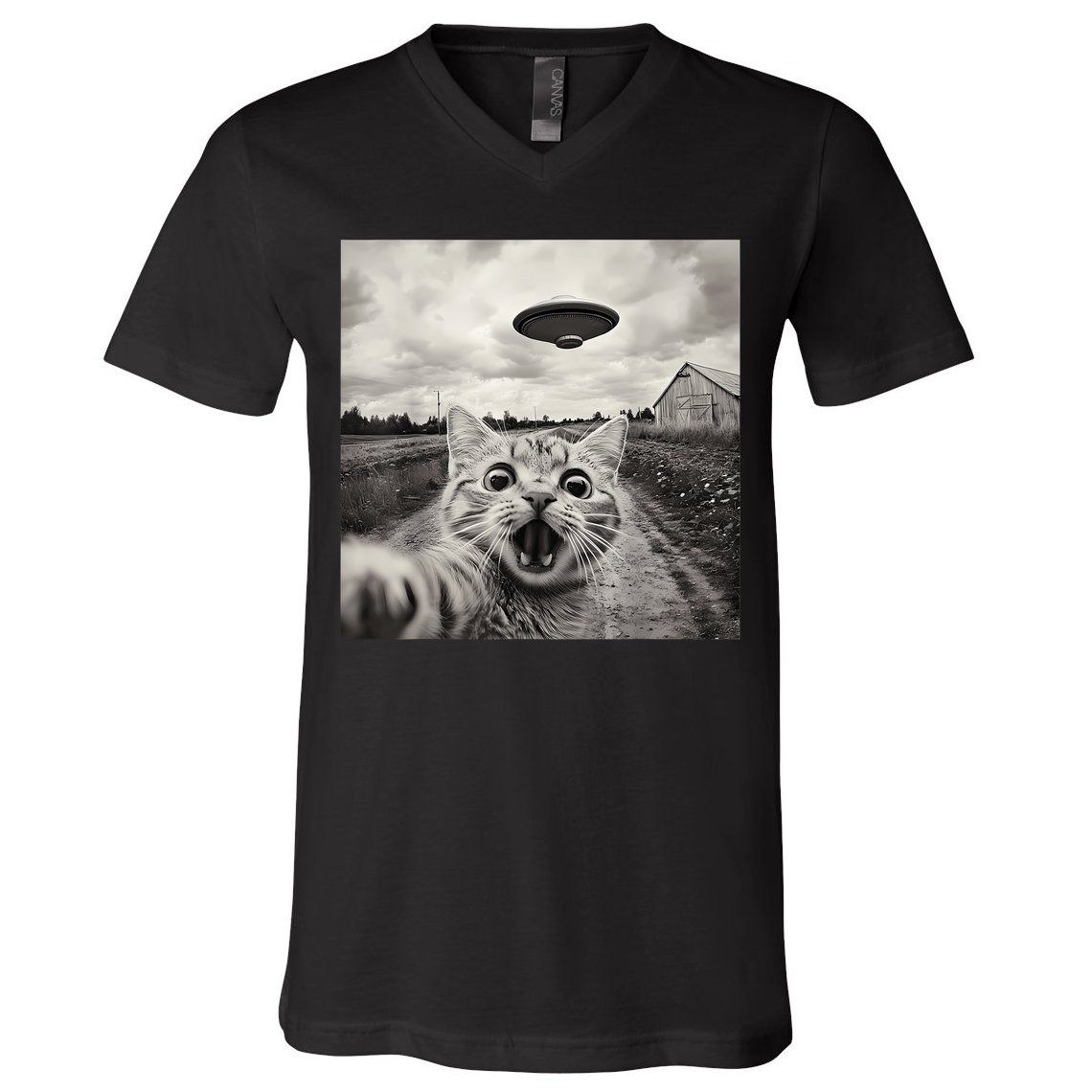 Funny Cat Ufo Alien Selfie V-Neck T-Shirt