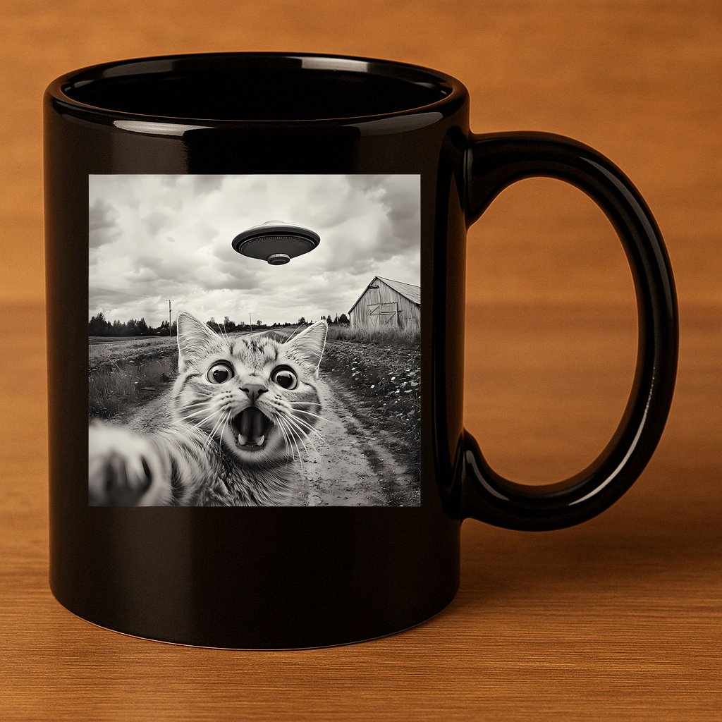 Funny Cat Ufo Alien Selfie 11oz C Handle Ceramic Mug