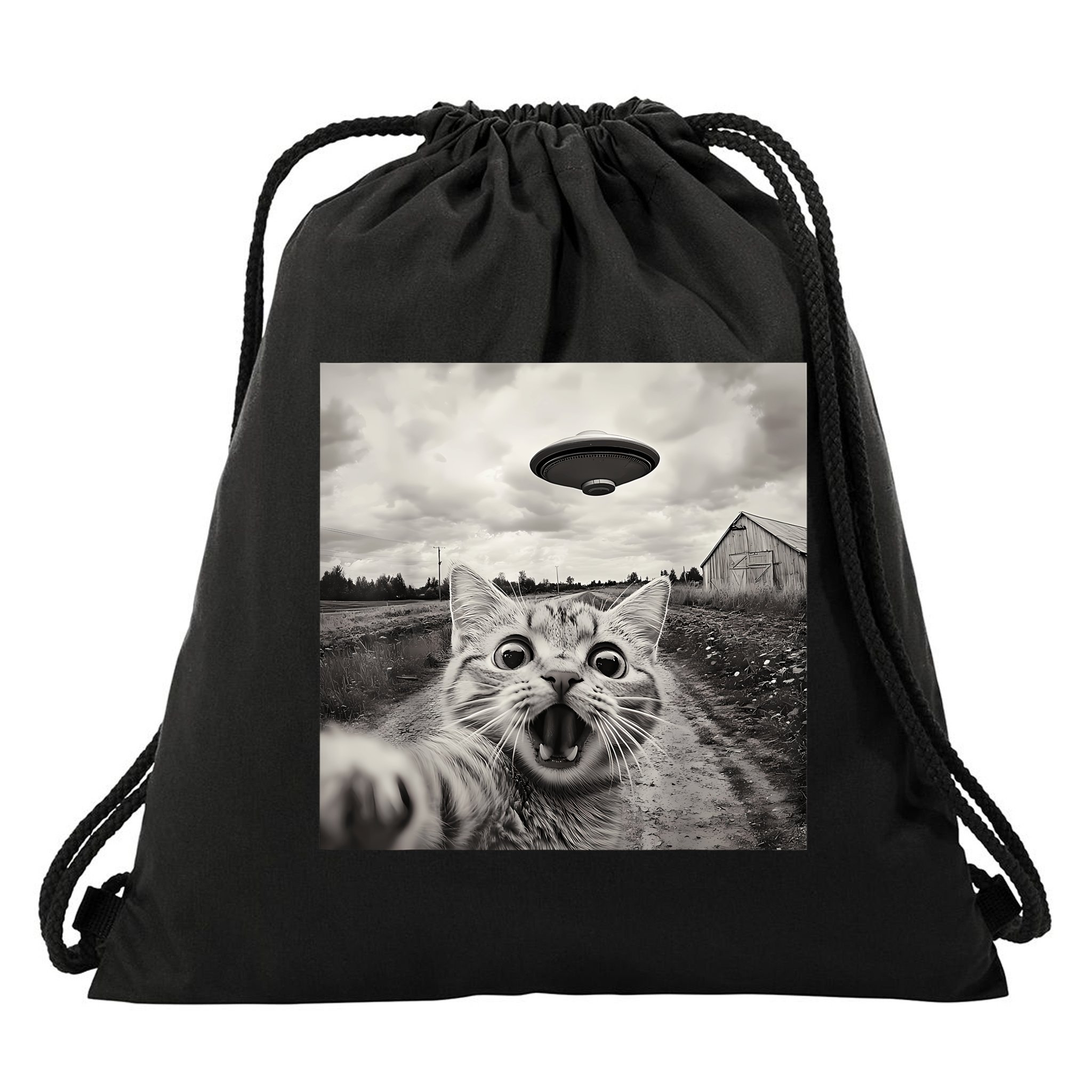 Funny Cat Ufo Alien Selfie Drawstring Bag