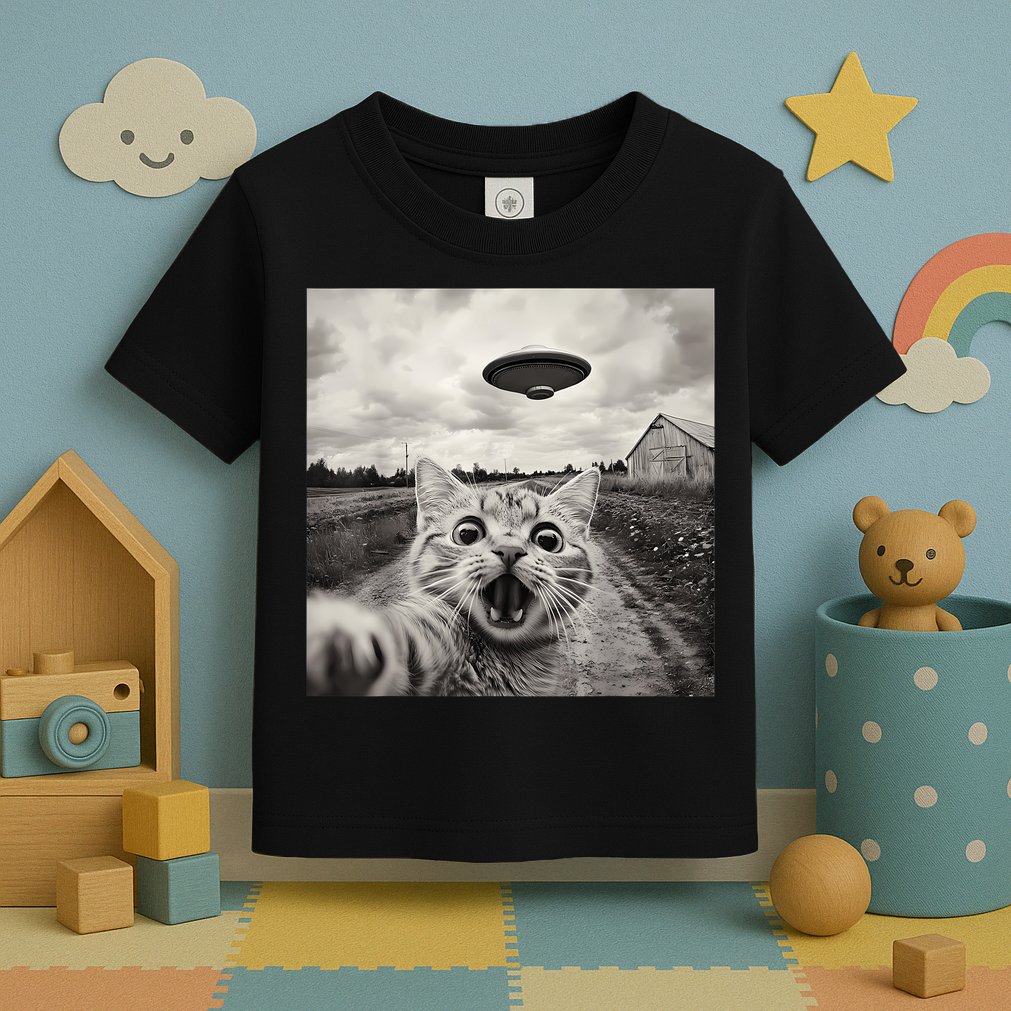 Funny Cat Ufo Alien Selfie Toddler T-Shirt