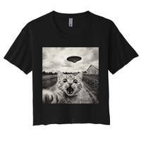 Funny Cat Ufo Alien Selfie Women's Crop Top Tee