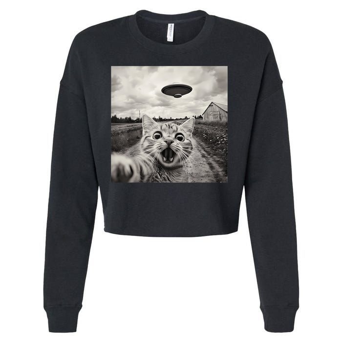 Funny Cat Ufo Alien Selfie Cropped Pullover Crew
