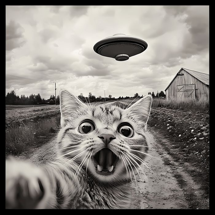Funny Cat Ufo Alien Selfie Cropped Pullover Crew