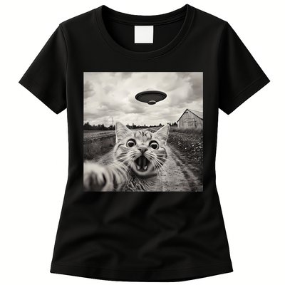 Funny Cat Ufo Alien Selfie Womens T-Shirt