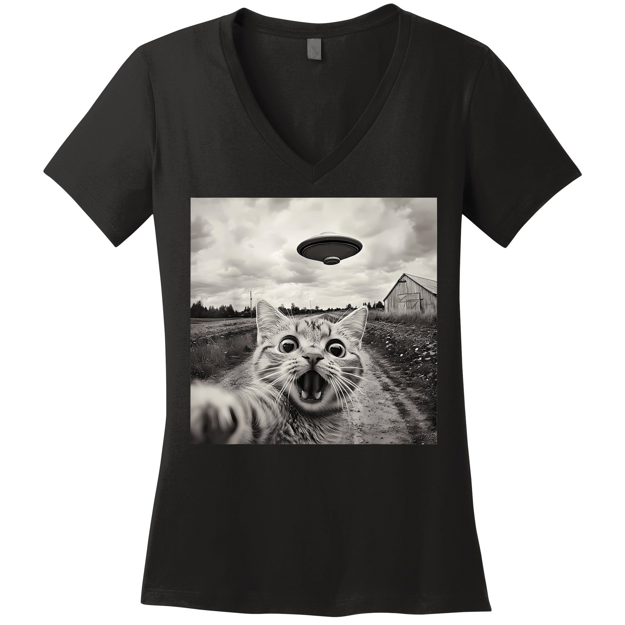 Funny Cat Ufo Alien Selfie Women's V-Neck T-Shirt