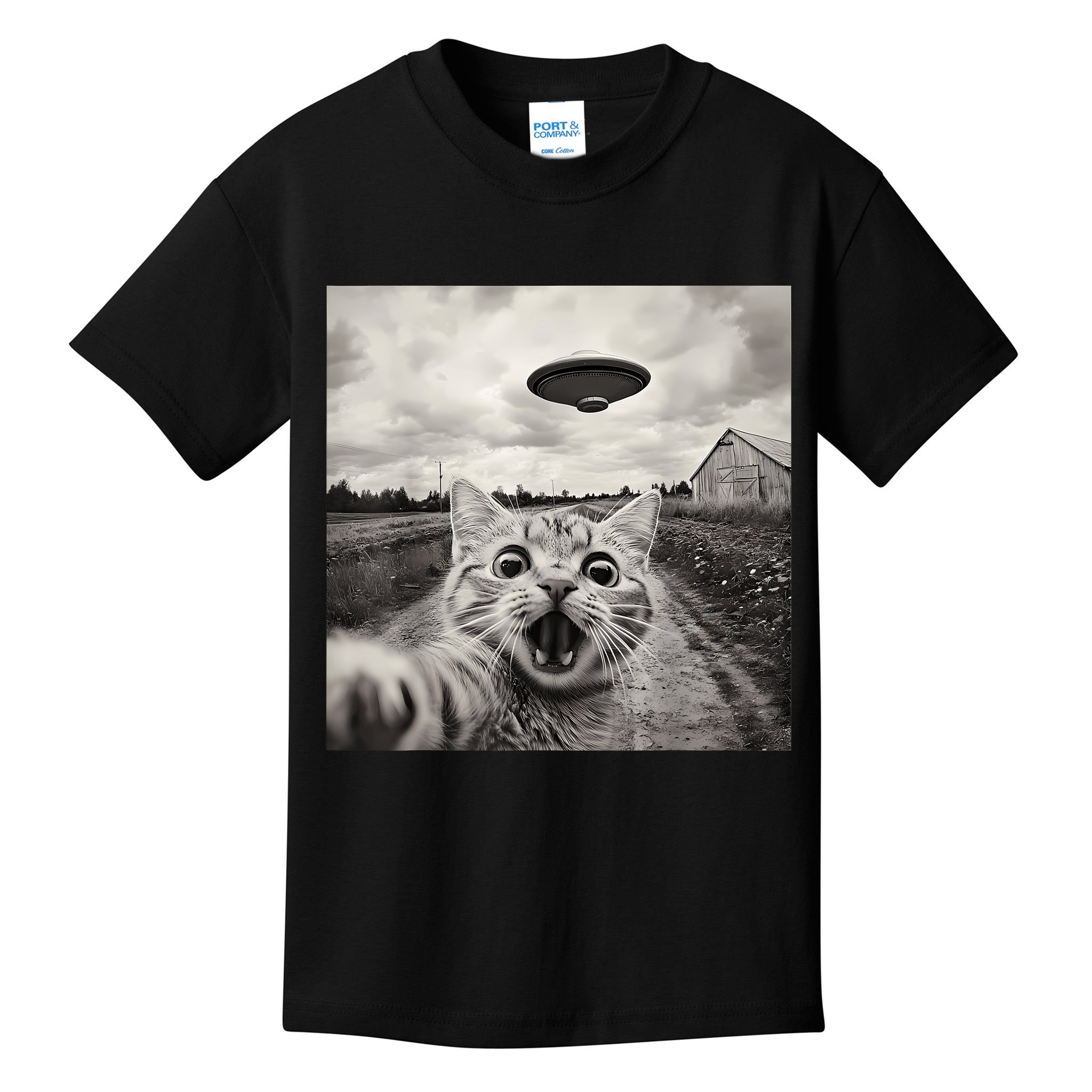 Funny Cat Ufo Alien Selfie Kids T-Shirt