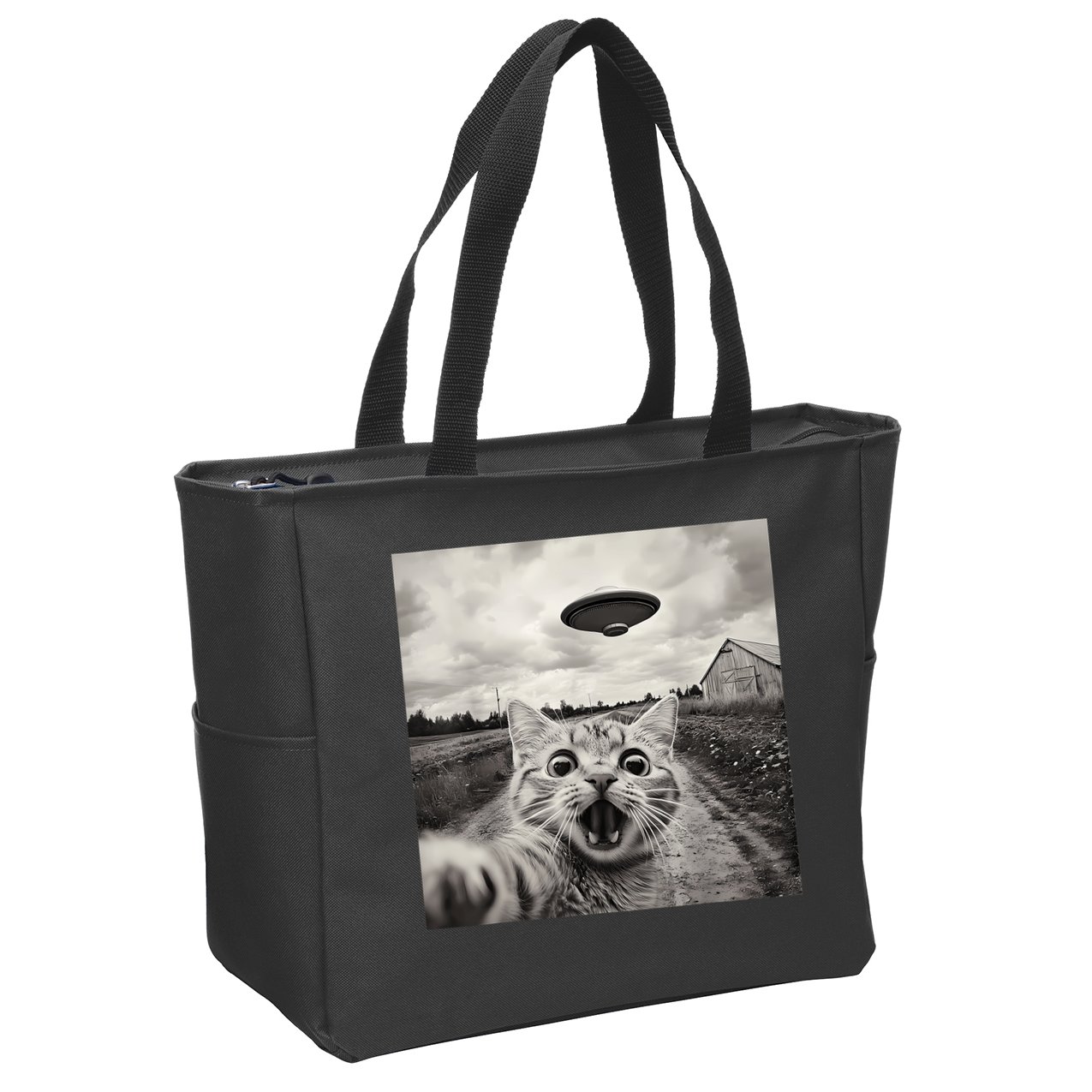 Funny Cat Ufo Alien Selfie Zip Tote Bag