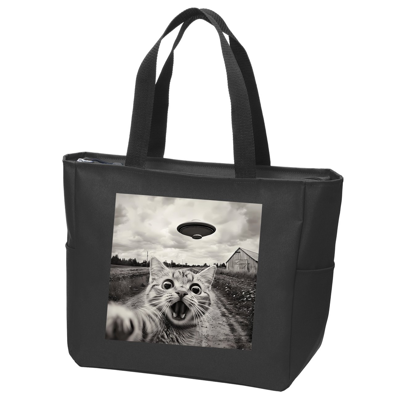 Funny Cat Ufo Alien Selfie Zip Tote Bag