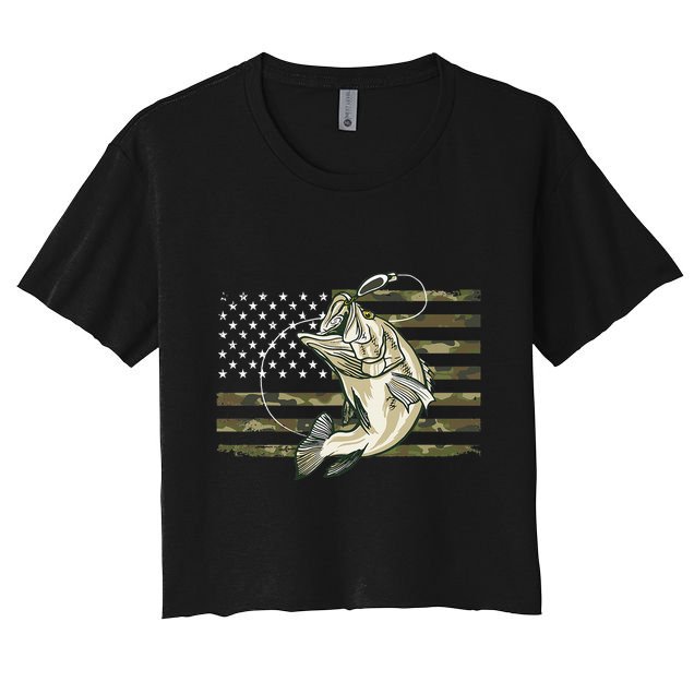 Fishing Camouflage US American Flag Bass Fish Fisherman Camo Crop Top