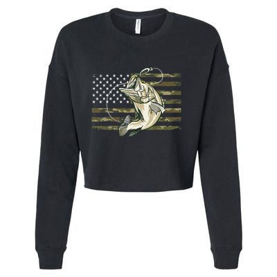 Fishing Camouflage US American Flag Bass Fish Fisherman Camo Cropped Pullover Crew