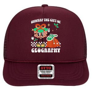 Funny Christmas Unwrap Geography Teacher Educator Quote High Crown Mesh Back Trucker Hat